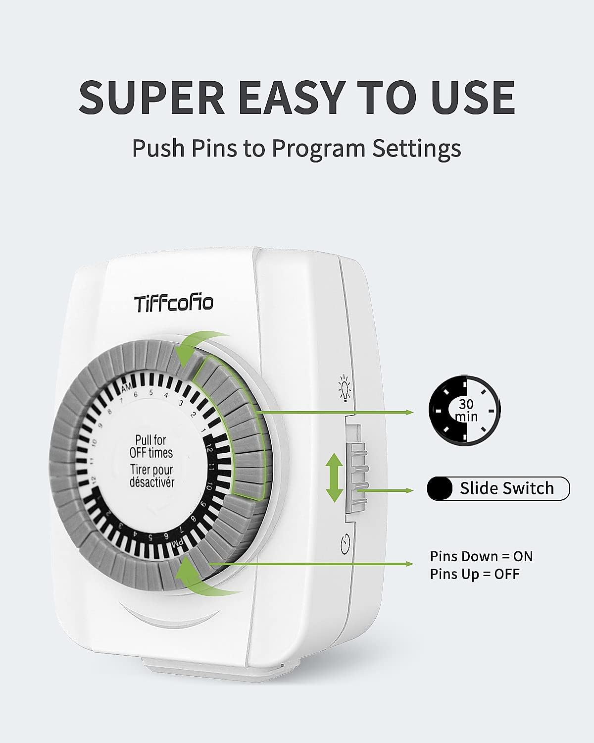 TiFFCOFiO Indoor Mechanical Outlet Timer, 3 Prong Timers for Electrical Outlets, 24-Hour Programmable Plug in Christmas Light Timer, ETL Listed (2 Pack)