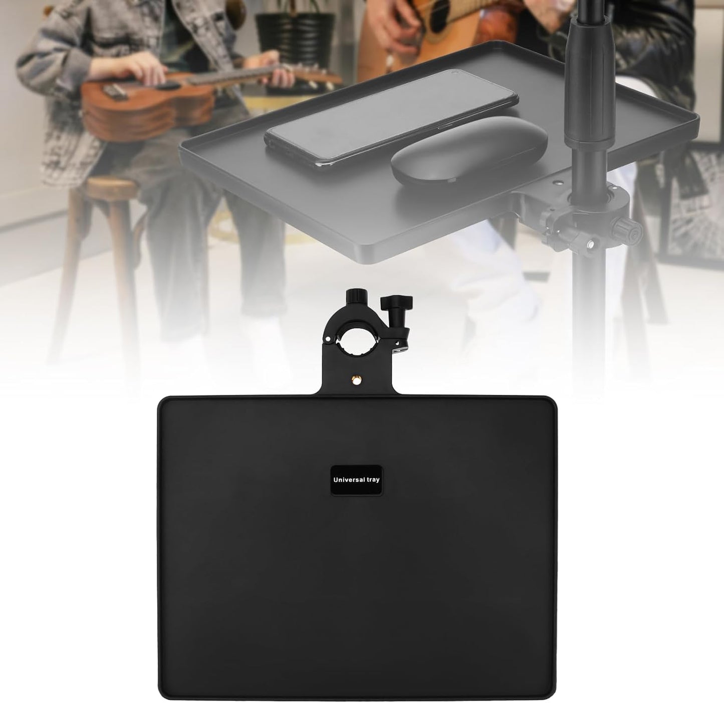 RTNLIT Microphone Music Stand Tray, Adjustable Clamp On Rack Tray Holder with 6.6 Pound Weight Capacity, Universal Mic Stand Tray for Music Sheet, Singing, Stage, Audio Recording (8.7" x 6.5")