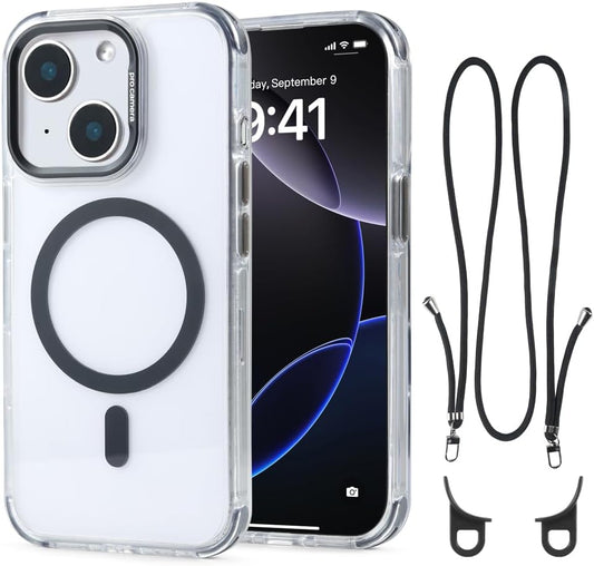 for iPhone 13/14 Case with 62.99 inch Lanyard, Classic Clear&Black Magnetic Phone Case, Drop&Shockproof Protection Cases, Phone Lanyard for Around The Neck, Compatible with Magnet Accessory