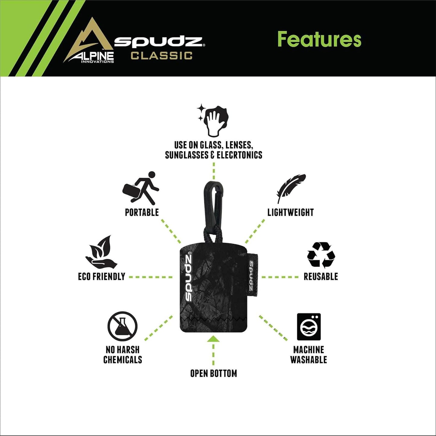 SPUDZ Classic Microfiber Lens Cleaner – Clip-On Pouch, Washable – for Binoculars, Scopes, Glasses, Screens | Stealth Shadow, 6 x 6 Inch (3-Pack)