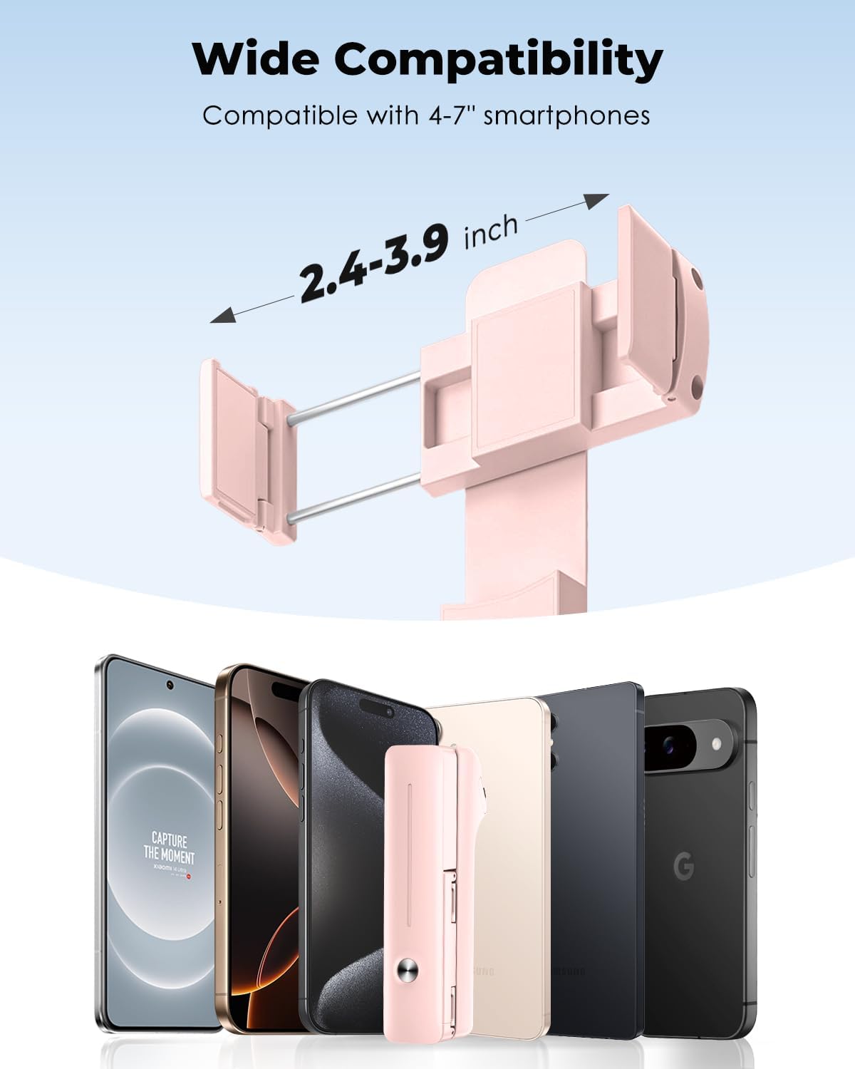 Viozon Portable Selfie Stick, Lightweight Extendable Stainless Steel Tube,All-in-One Compact Selfie Stick with Wireless Remote Compatible with 4-7" iPhone/Android Phones for Vlog/Travel/Filming, Pink