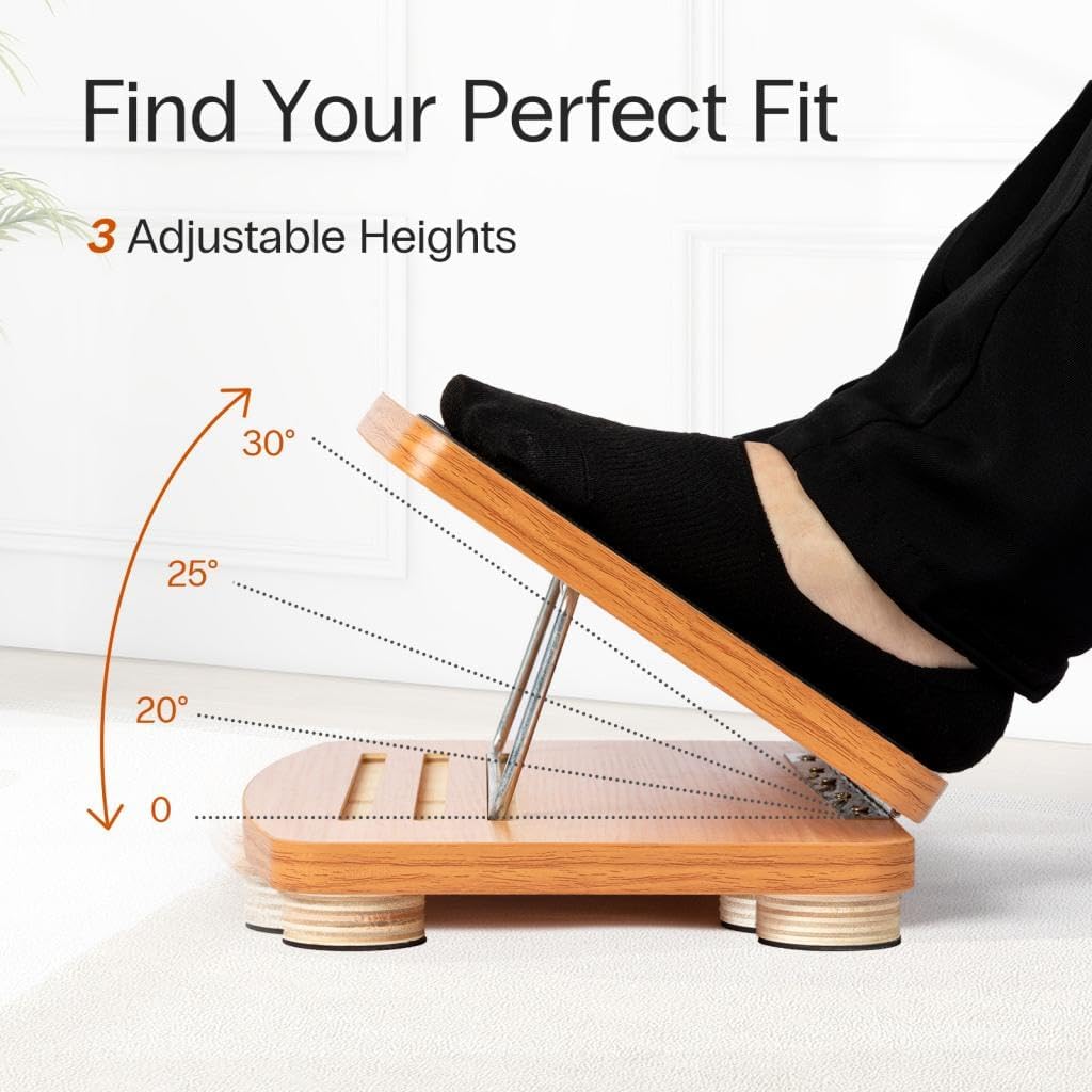StrongTek Adjustable Wooden Foot Rest for Under Desk, Ergonomic Office Footstool with 3 Height Levels, Improves Posture & Leg Circulation, Comfortable Foot Support for Work & Home