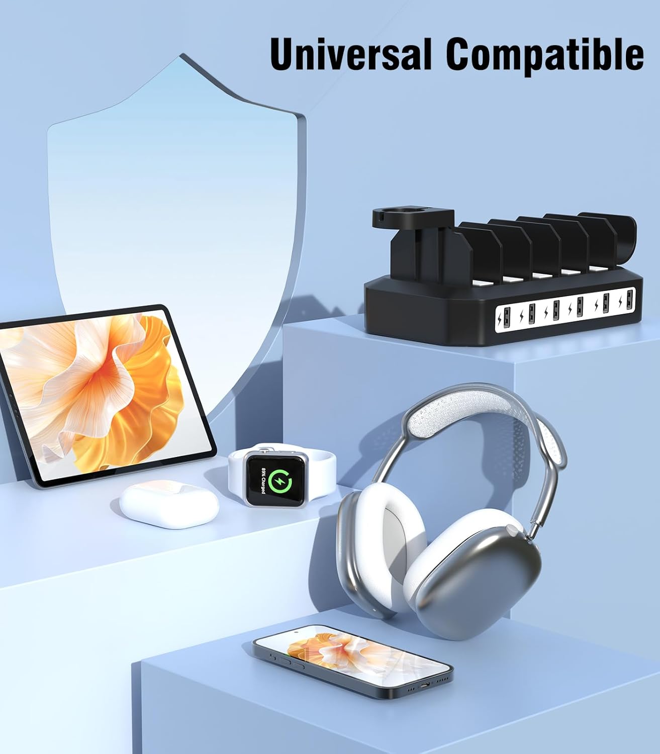 [2025 Upgraded] 6 IN 1 Fast Charging Station for Multiple Device【Durable & Safe Charging】6 Ports Charging Dock Organizer with 6 Cables & 2 Stands for Cellphone/Tablet/Kindle/iWatch & Other Electronic