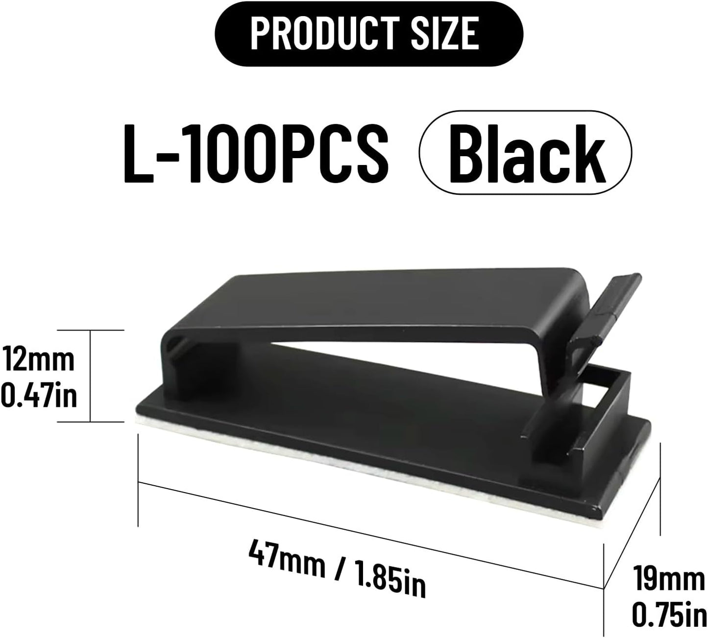 Adhesive Cable Clips Holder, Outdoor Light Clips, Black Cord Wire Clips, Sturdy Nylon Cord Wall Finisher Wire Clamp for Home, Car, Office Desk Wire Management (Black, L-100 PCS)