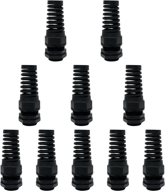 LeMotech 10Pcs NPT 1/4" IP68 Waterproof Cable Gland Flex Spiral Strain Relief Black Nylon Joint with Gaskets for 4-8mm Wire Thread