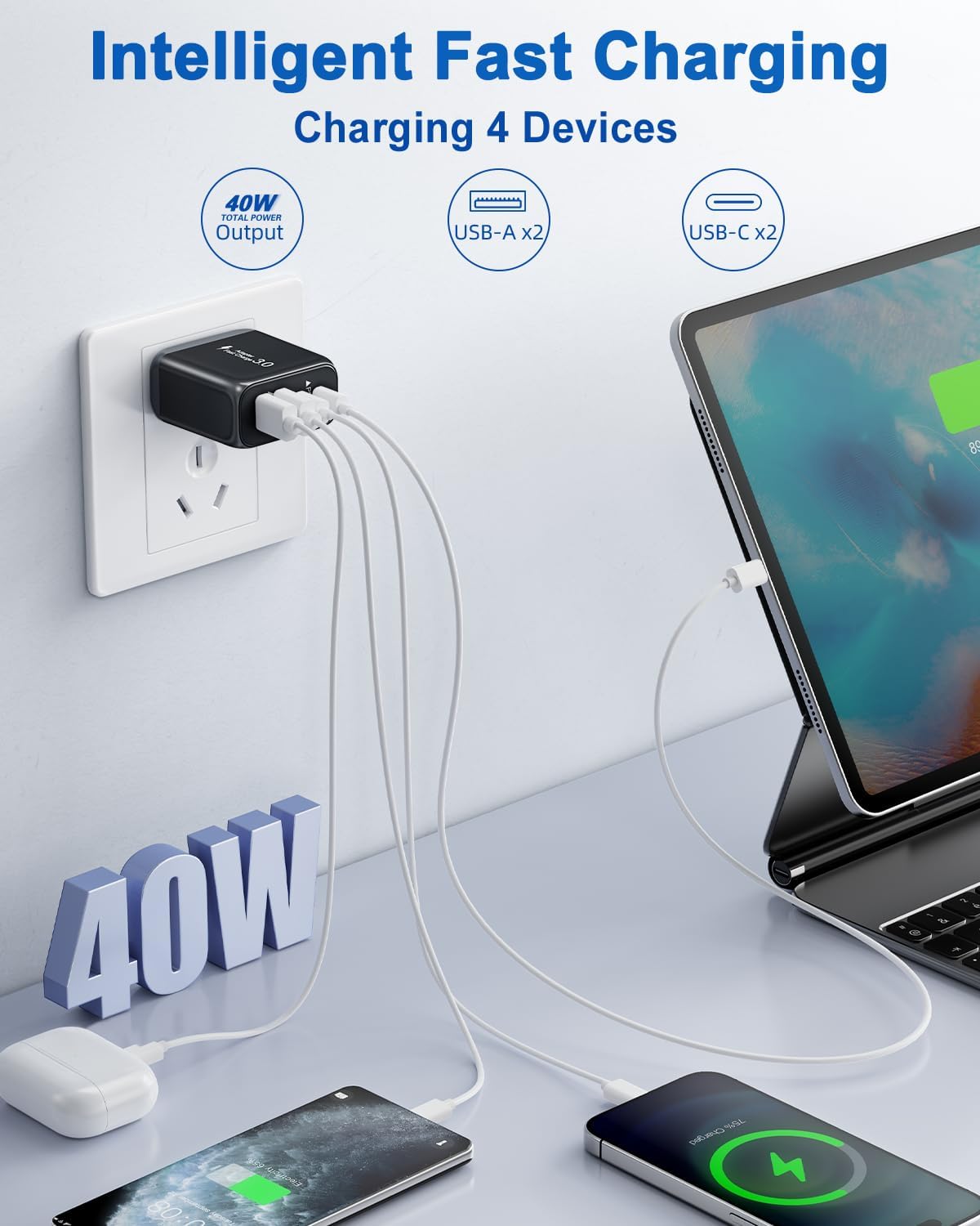 40W USB C Charger Block, 3 Pack 4-Ports Type C Fast Charging Cubes PD USBC Wall Plug+QC 3.0 USB A, Multiple USB C Charger for iPhone 16/15/14/13/12/11 Pro Max/XS, Samsung Galaxy, iPad, Tablet, Pixel