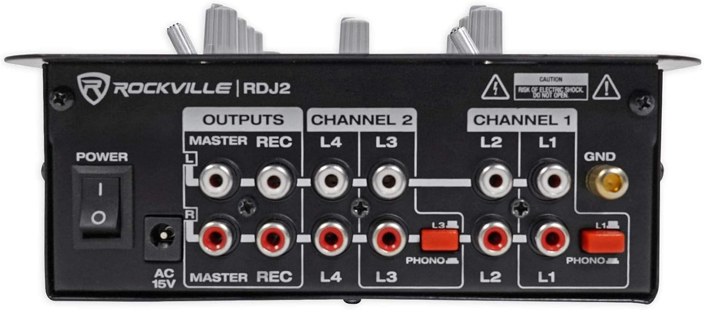 Rockville RDJ2 2-Channel DJ Mixer USB Playback, Cue Monitor, Talkover, 4 Line Inputs, Compact, Portable, for Beginner DJs and Small Events