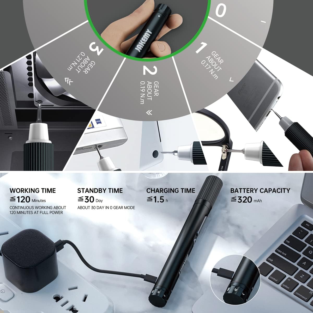 Mini Electric Screwdriver,JAKEMY Adjustable Torque Power Screwdriver Dual-mode Cordless Magnetic Precision Torx Screwdriver Bit Repair Tool kit USB Rechargeable with LED light for Electronics Consoles