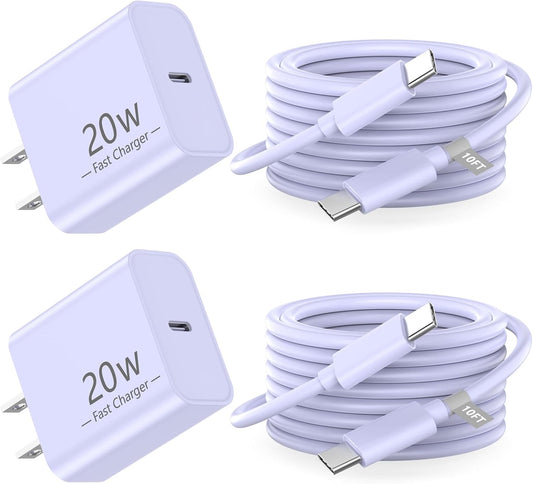 Matsusho 20W USB C Wall Charger Fast Charging Compatible for iPhone 16/16 Plus/16 Pro/16 Pro Max/15/15 Pro/15 Pro Max/15 Plus, 2 Pack iPhone 16 15 Charger Block with 10FT Type C Charging Cable, Purple