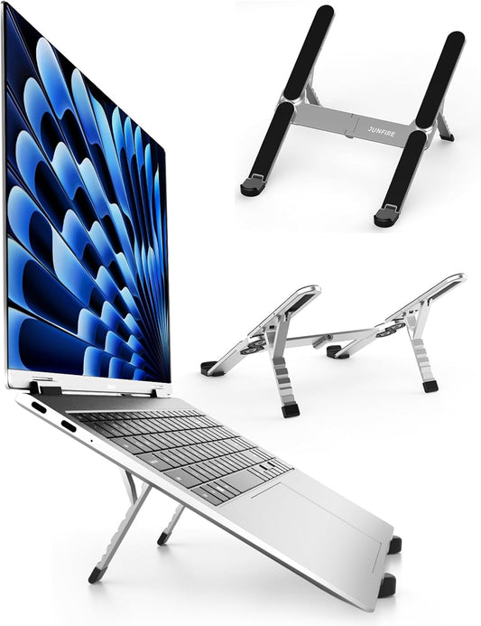 Junfire Foldable Laptop Stand for Travel, Aluminum Stable Ergonomic Laptop Riser with 6-Levels Height Adjustment, Fits with MacBook Air, MacBook Pro, iPad, HP, Dell, Lenovo (Up to 15.6'')-Sliver