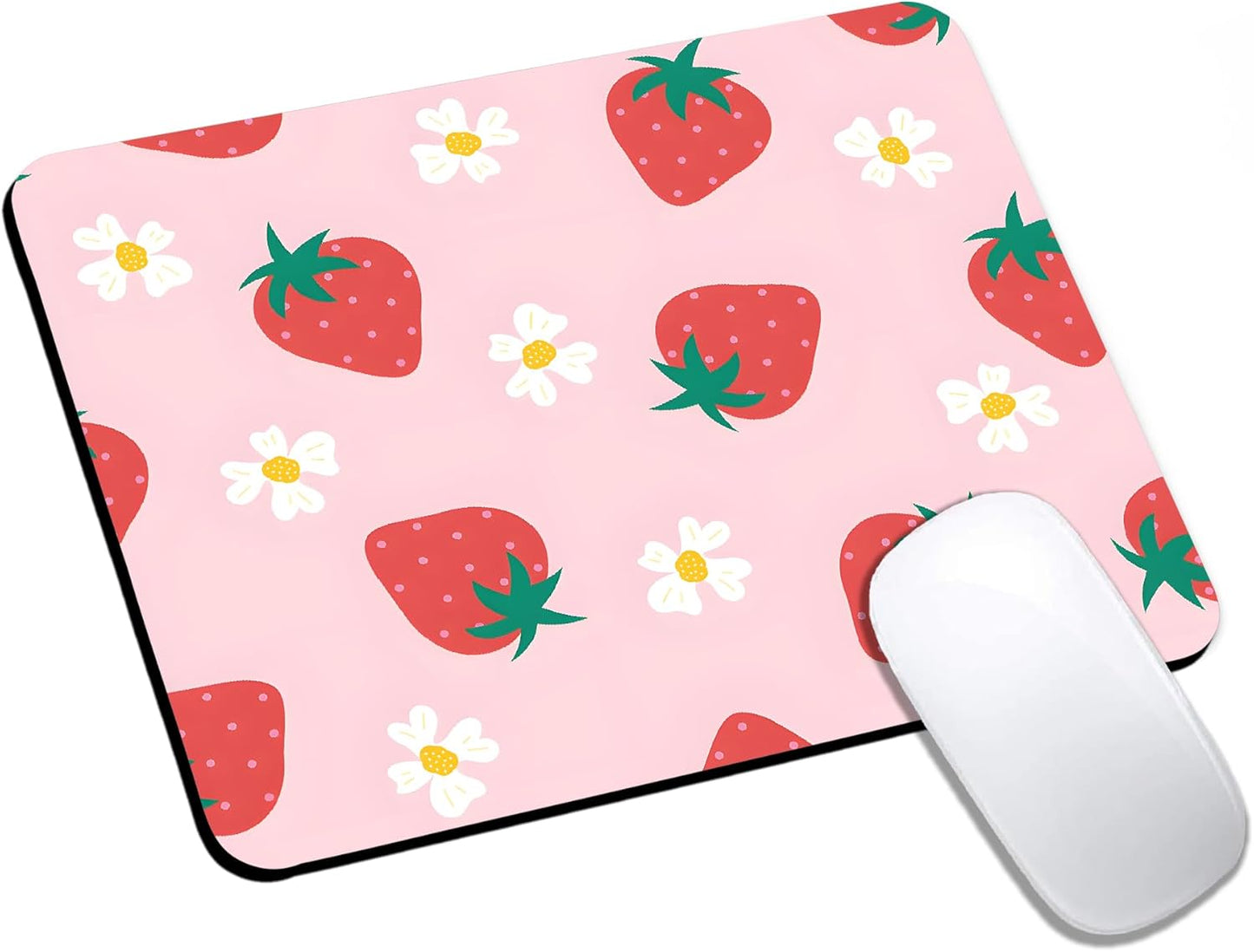 Mouse Pad, Cute Daisy Pink Strawberry Mouse Pads for Desk, 9.5" x 7.9" Non-Slip Rubber Base Computer Mousepad with Women, Portable Square Design for Wireless Mouse and Pad Laptop Office & Travel