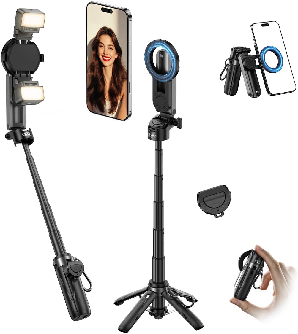 Magnetic Mini Phone Selfie Stick with 2 Fill Light, 360° Rotation Portable Phone Travel Tripod with Remote Control,Magnetic Chuck ＆ Clip Selfie Stick for iPhone Android TIK Tok/Live/Video Recording