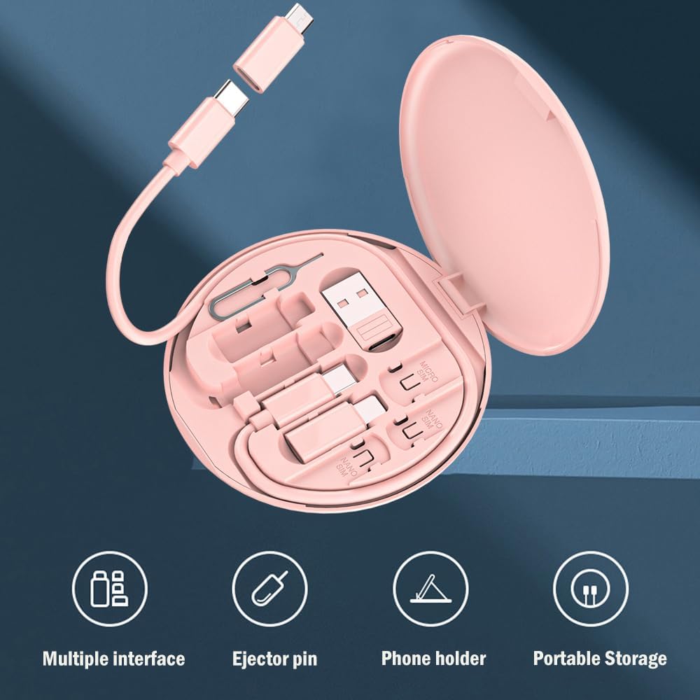 Multi USB C Adapter Kit, Charging Cable Case USB C to Type C/Micro/USB A Converter Contains Card Storage,Phone Holder, Tray Eject Pin for Traveling(Pink)