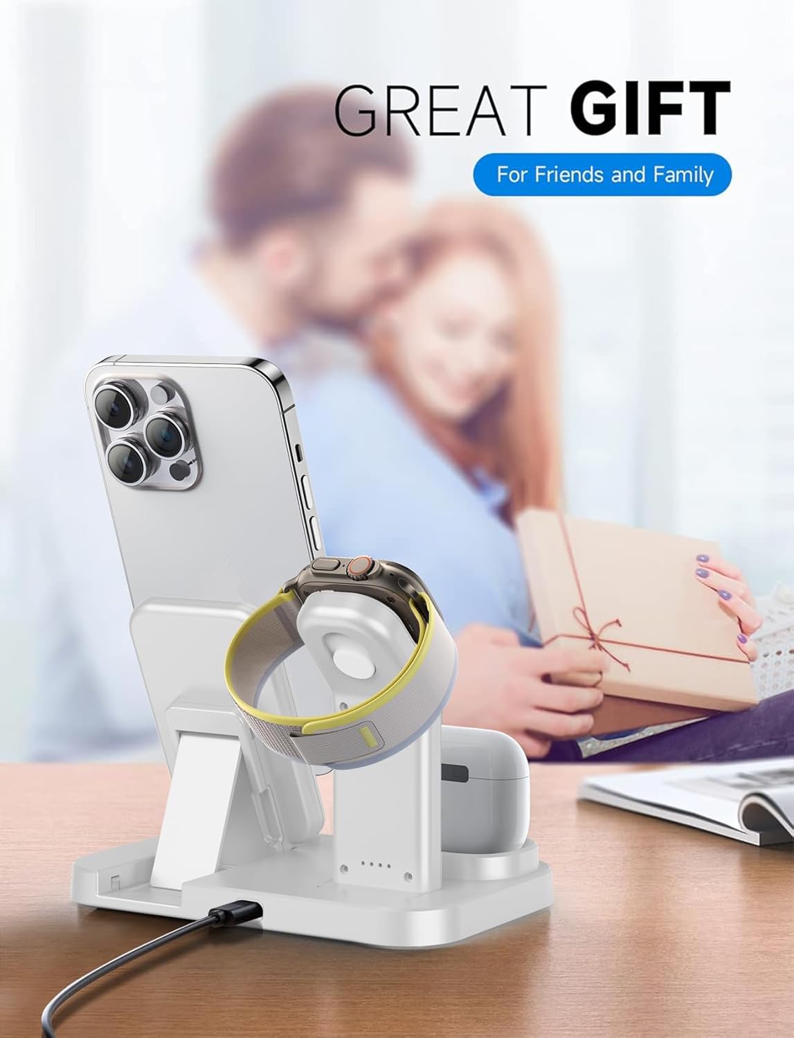 Wireless Charging Station 3 in 1 RJR Compatible with Apple Devices, Charging Dock for iWatch, Built-in Wireless Charger Stand for iPhone Series AirPods Gifts (with 18W Adapter) White