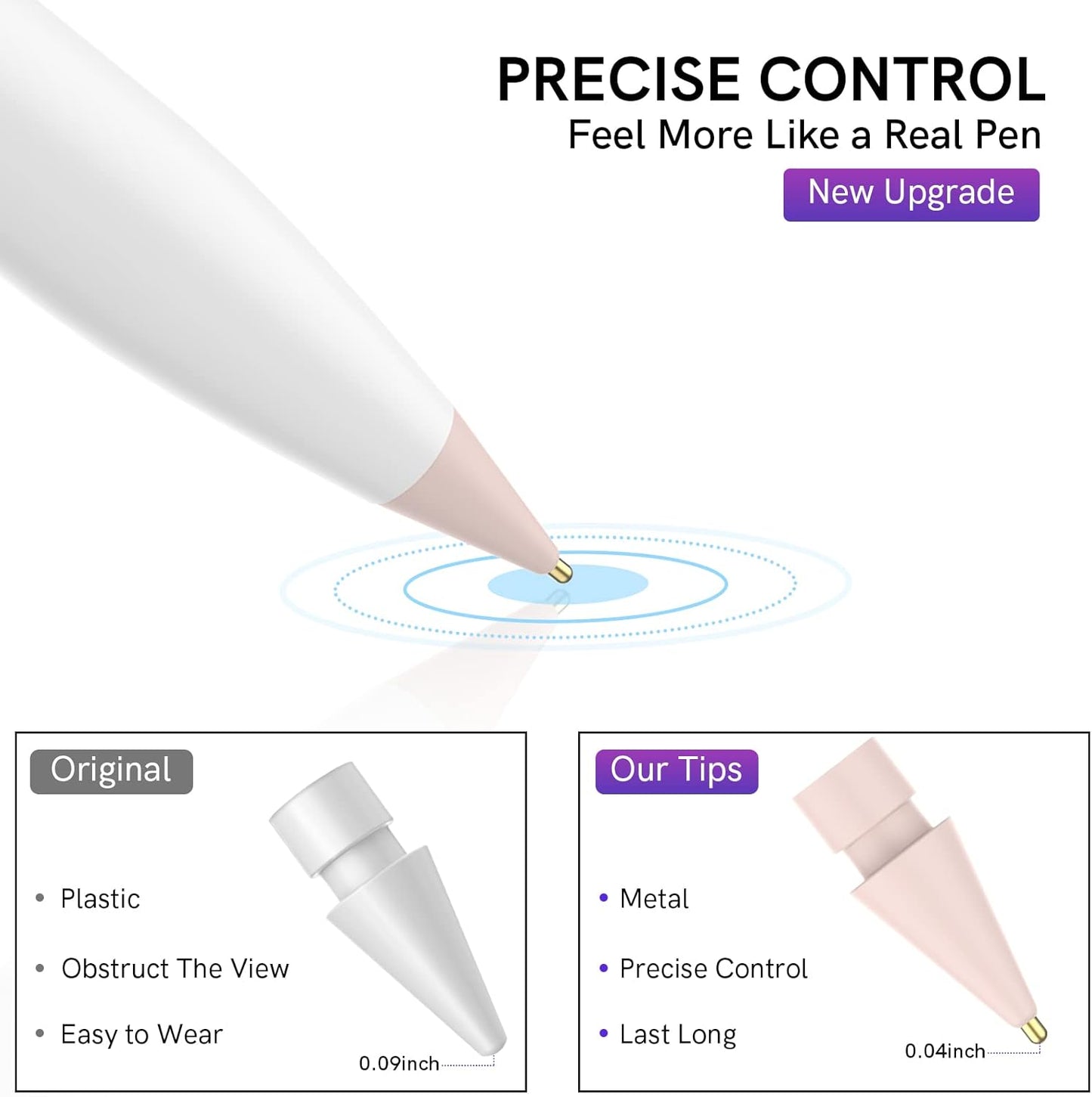 Delidigi 2 Pack Replacement Tips Compatible with Apple Pencil Pro/2nd Generation/1st Gen/USB C, Wear-Resistant iPencil Nibs Accessories Fine Point Precise Control Pen Like Tips