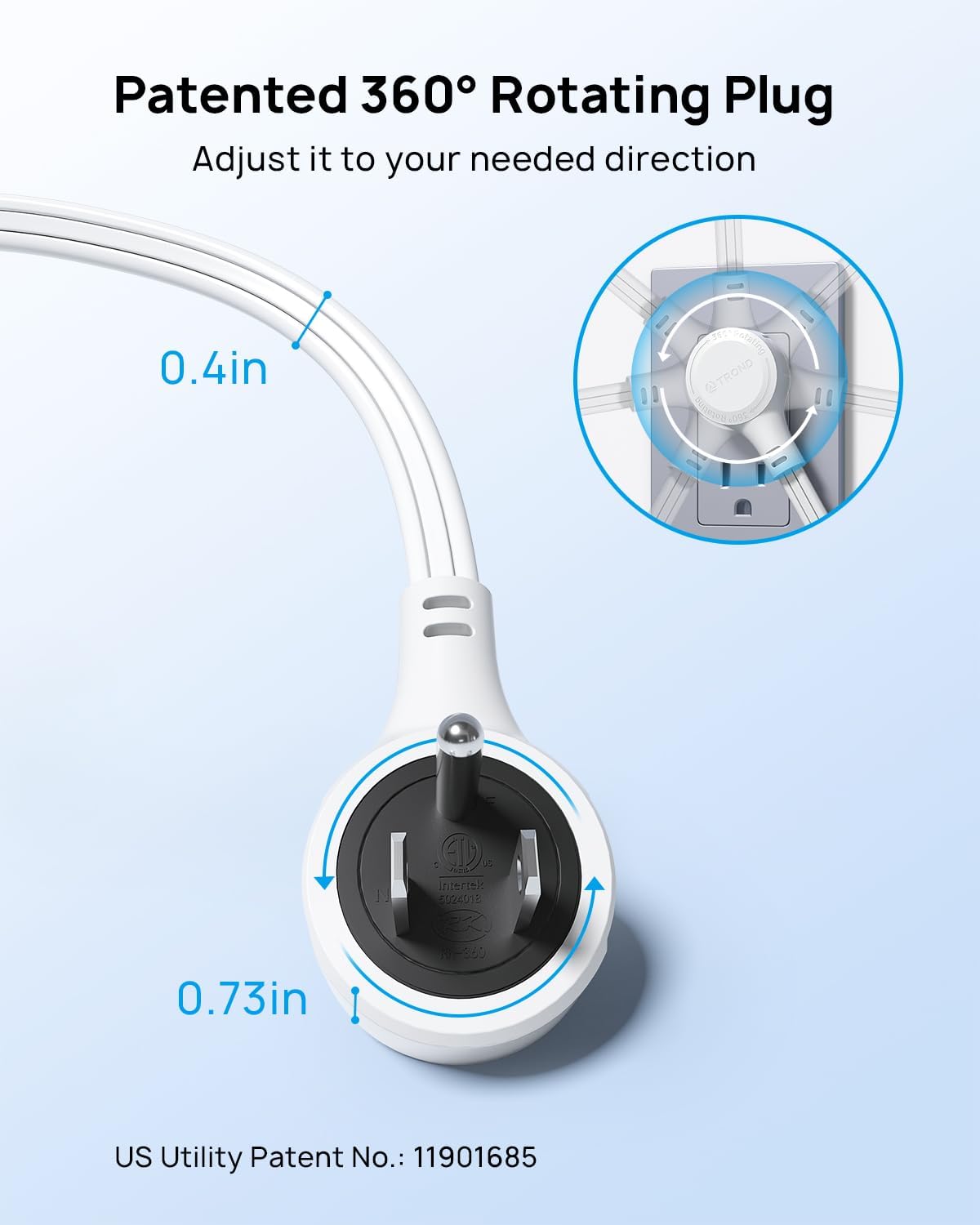 TROND Flat Extension Cord 6ft with 360° Rotating Plug, Low Profile Small Power Strip, 3 Prong Grounded Outlets Cube, 13A, SPT 16/3 Gauge Cable, for Indoor Home Office Cruise Travel Essentials, White