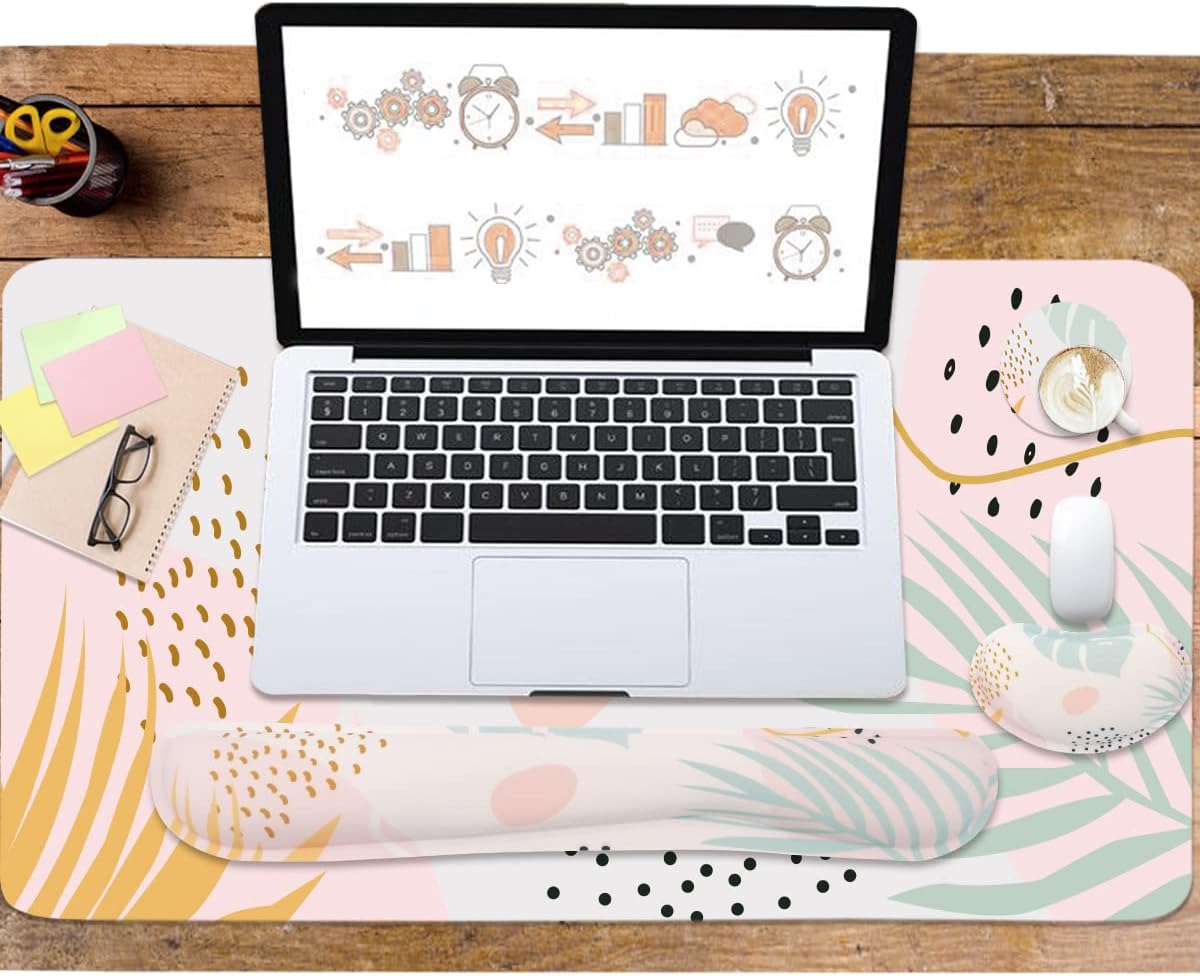 Keyboard Mouse Pad Set, Extended Mouse Pad+Keyboard Wrist Rest Support, Memory Foam Ergonomic Easy Typing, 3Pcs (35.4×15.7 in) Desk Pad Set for Home Office Study Game-Plant