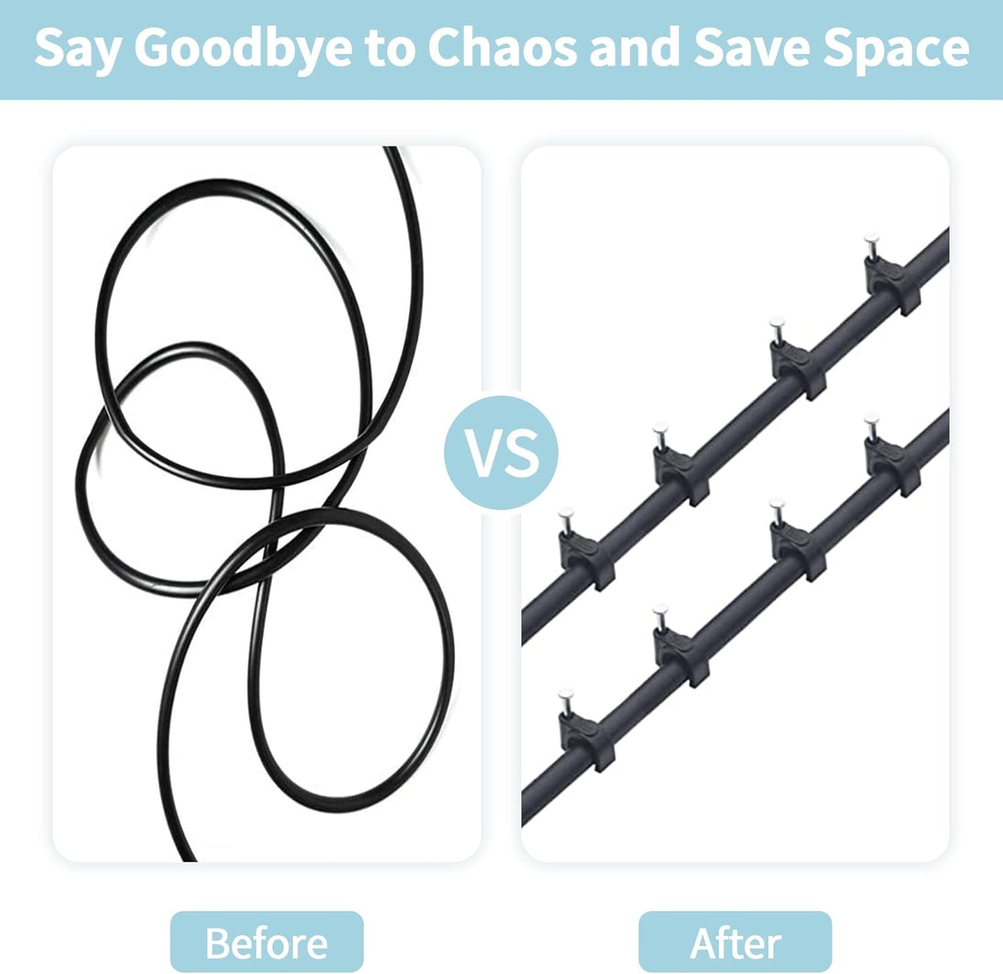 Cable Clips, 400 Pcs, 4mm 6mm 8mm 10mm, Wire Wall Clips with Steel Nails, Cable Management Organizer Clips, Cable Tacks Coax Holder Clips, RG6 RG59 CAT6 RJ45 Cable Cord Clips, Black