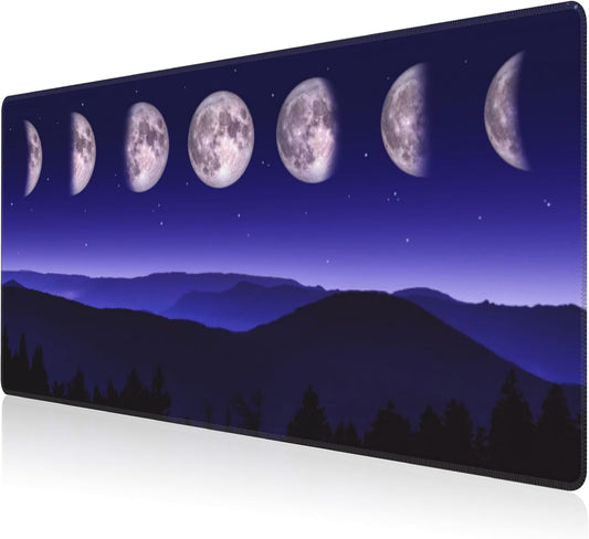 Mouse Pad, Large Moon Phases and Mountain Forest Desk Mat, Extended Non-Slip Gaming Keyboard Mousepad Desk Pad, Thick Stitched Edges Waterproof Mouse Mat 31.5"x15.7" (Moon Phase Changes)