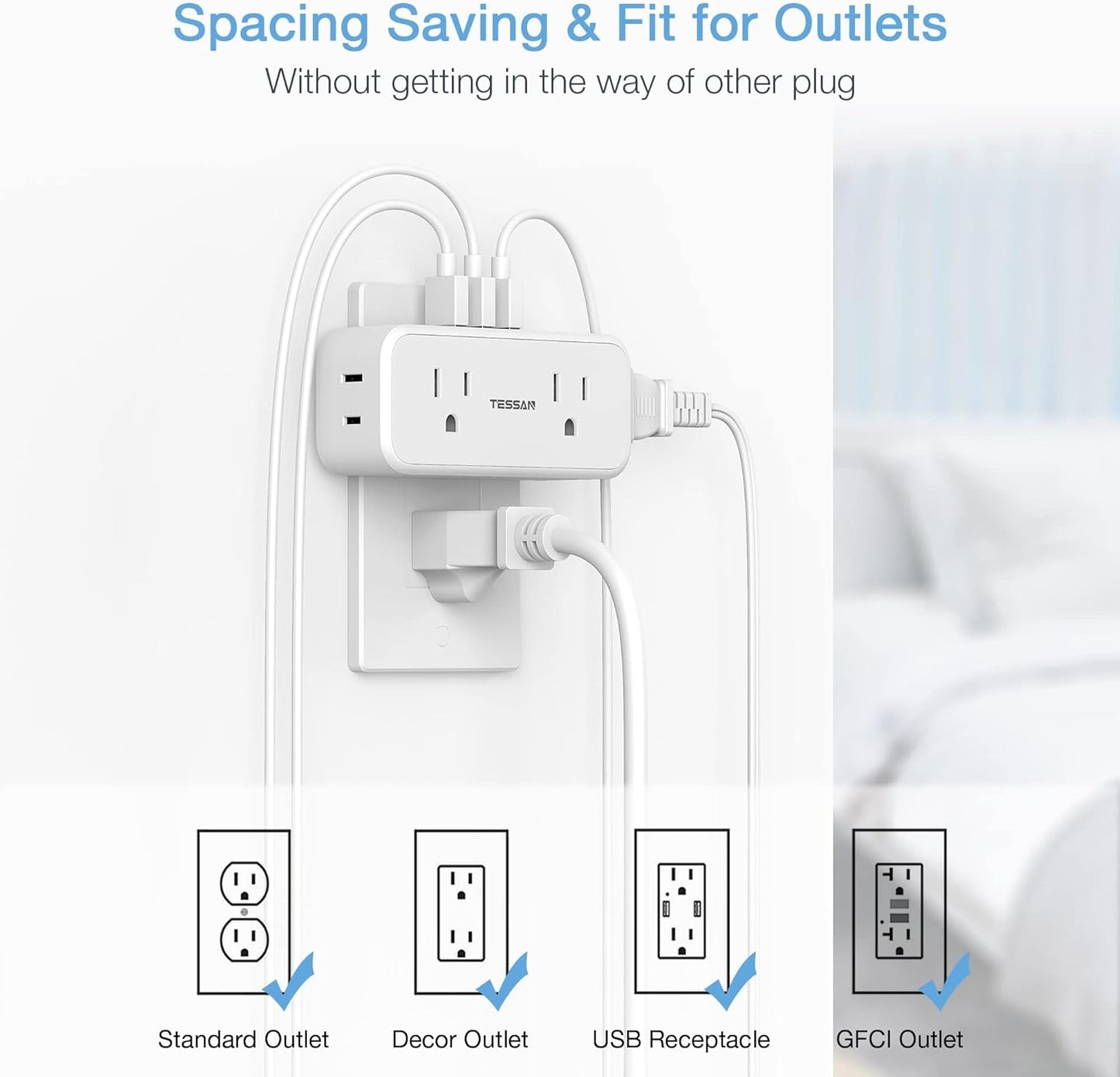 Multi Plug Outlet Splitter with USB, TESSAN 4 Electrical Multiple Outlet Extender with 3 USB Ports, Mini Double Plug Expander Surge Protector for Home, Office, Kitchen, Dorm Essentials, White