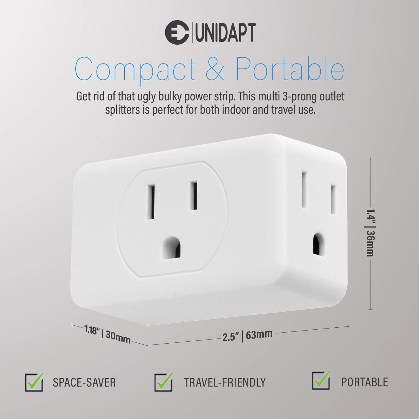 Unidapt Multi Plug Outlet Extender 2 Pack - 3 Way Wall Outlet Splitter, Cruise Ship Essentials Power Plug Adapter, Compact Travel Wall Tap Expander, Flat Angled Design, Home, Office, Dorm - White