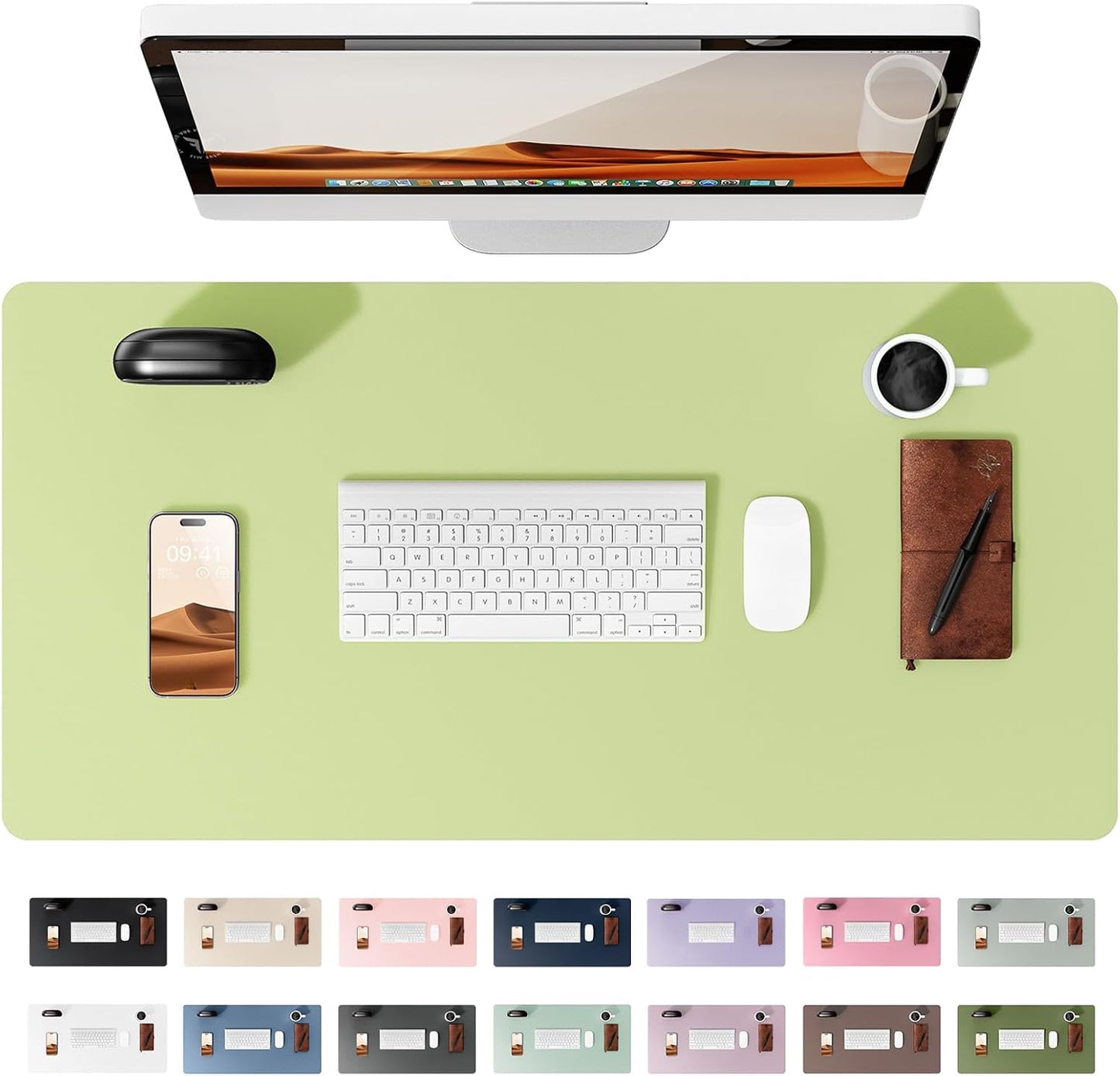 YSAGi Leather Desk Protector, Office Mat, Large Mouse Mat, Non-Slip PU Leather Blotter, Laptop Desk, Waterproof Writing Pad for Office and Home (Peak Green, 35.4" x 17")