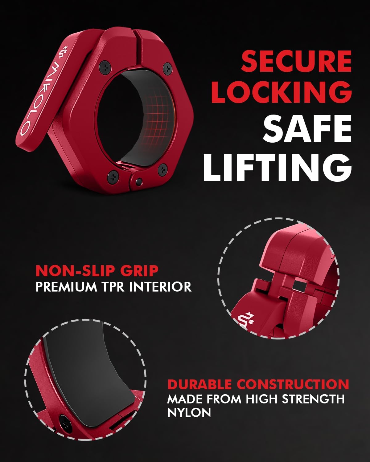 Mikolo Barbell Clamps,2-Inch Olympic Barbell Clips with Anti-Slip TPR Lining and Quick Release for Home and Gym Use