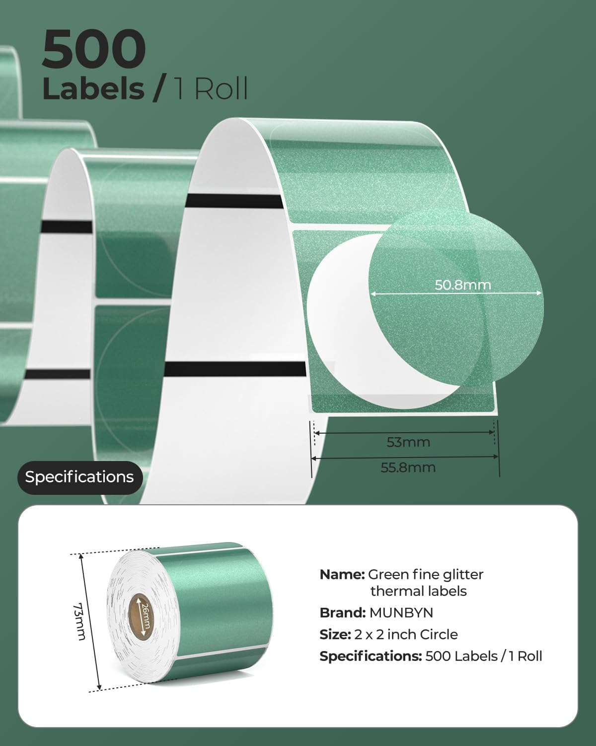 MUNBYN 2 Inch (50.8x50.8mm) Green Transparent Thermal Labels, Round Fine Glitter Printable Thermal Stickers for Small Businesses, 500 Labels/1 Roll