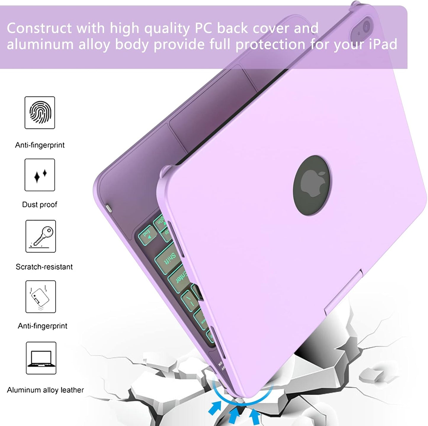 for iPad A16 11th Generation/10th Generation Case with Keyboard,Touch Keyboard for iPad 11" /10th Gen 10.9 inch 2022-10 Color Backlight, 360° Rotatable Protective Cover (Light Purple)