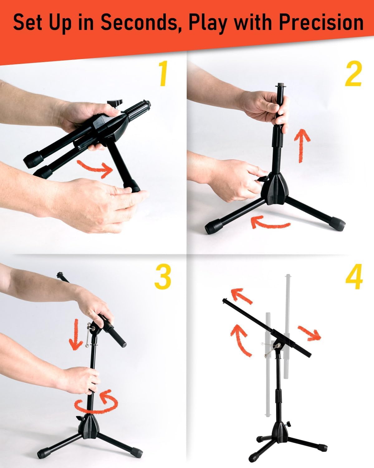 Stage Rocker Foldable Tripod Low-Profile Mic Boom Stand - Height Extending from 9.6'' to 16.9'', w/Adjustable Telescoping Arm Up to 9'', Lightweight/Convenient, Black, Powered by Hamilton(SR610121B)