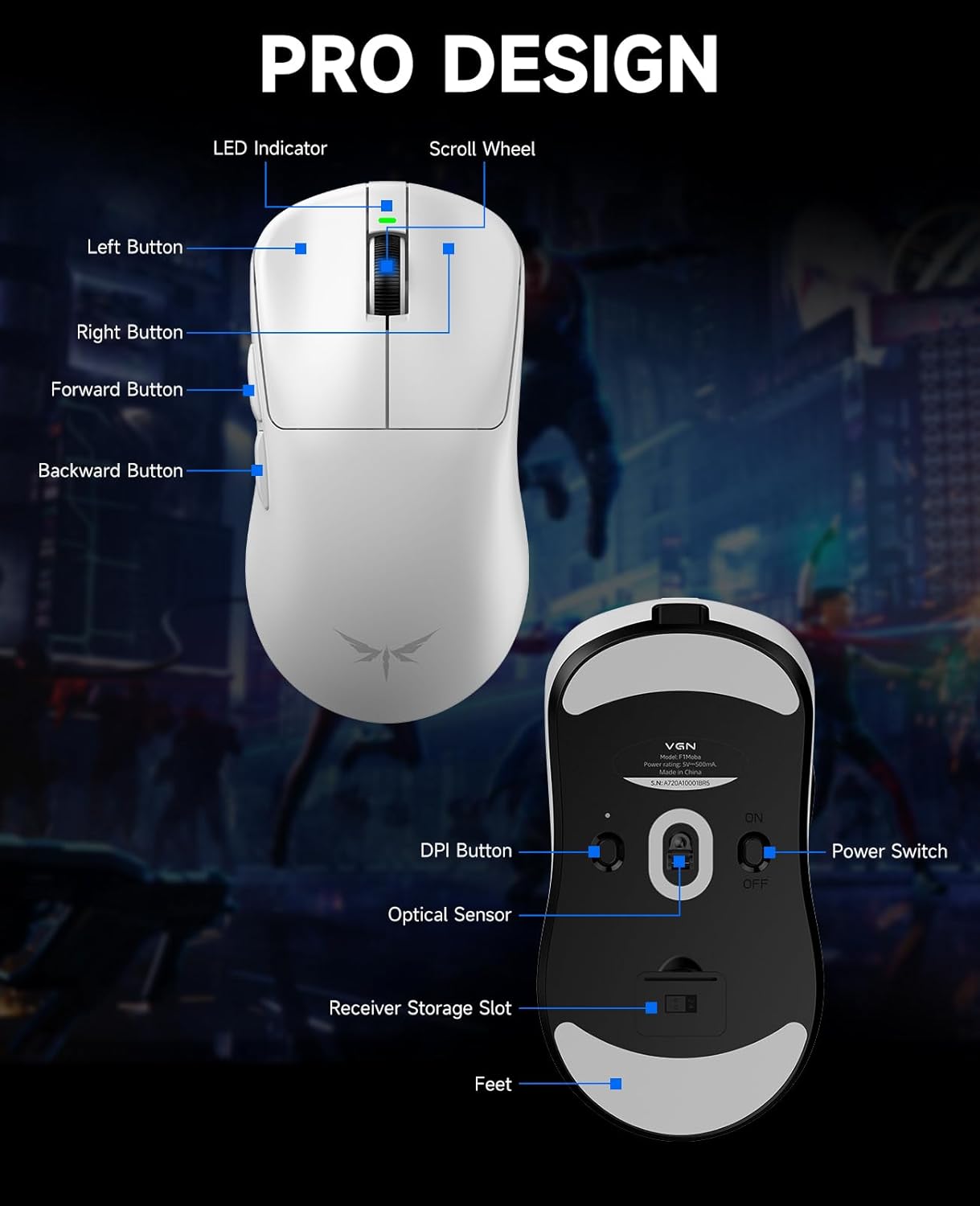 VGN F1 MOBA Wireless Gaming Mouse, 4K Polling Wired/Wireless Gamer Mice with 26K Optical Sensor, 55g Lightweight, 200h Battery Life, 6 Programmable Buttons, USB-C Charging, for PC/Mac/Laptop - White