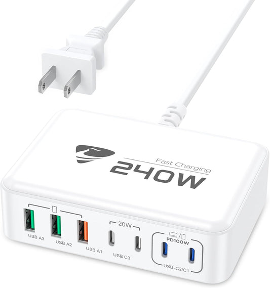 240W USB C Charging Station, 7-Port GaN USB C Charger Block, 100W Laptop USB C Fast Charger Compact 100W Laptop Charger Hub Wall Charger Adapter for MacBook Pro/Air,iPhone 16/15/14/13,Samsung S24
