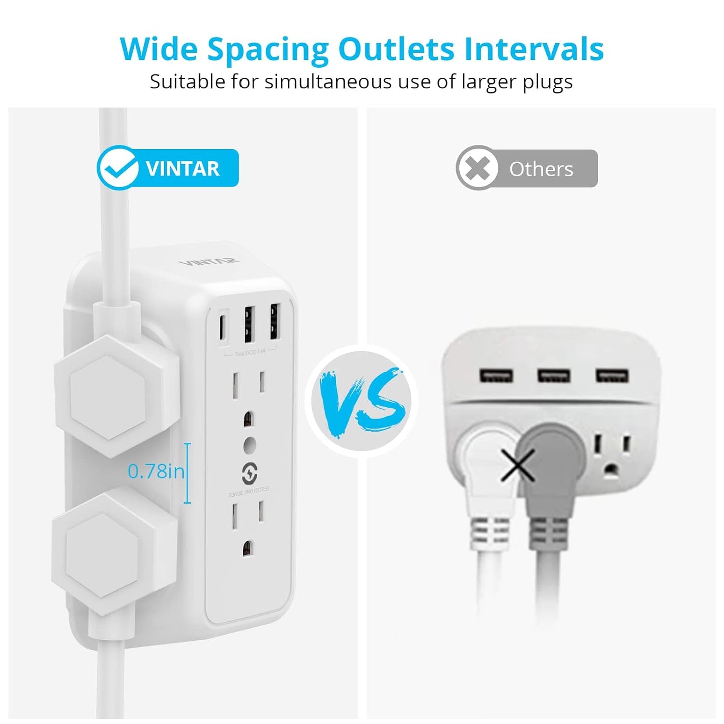 [2-Pack] USB Wall Charger,Surge Protector,6 Outlet Extender with 3 USB Charging Ports(1 USB C Outlet,3.4A) 900J Power Strip Multi Plug Outlets,Wall Mount Power Strip for Home Travel Office ETL Listed