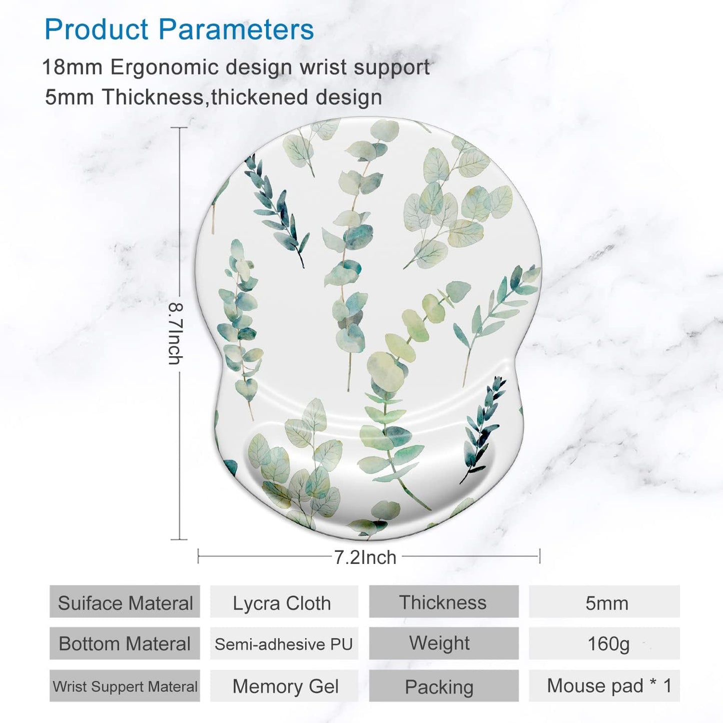 ITNRSIIET Ergonomic Mouse Pad with Gel Wrist Support Small Wrist Rest Smooth Surface Non-Slip PU Base Comfortable Office Supplies Pain Relief, 8.7 x 7.2 inches, Eucalyptus Branches