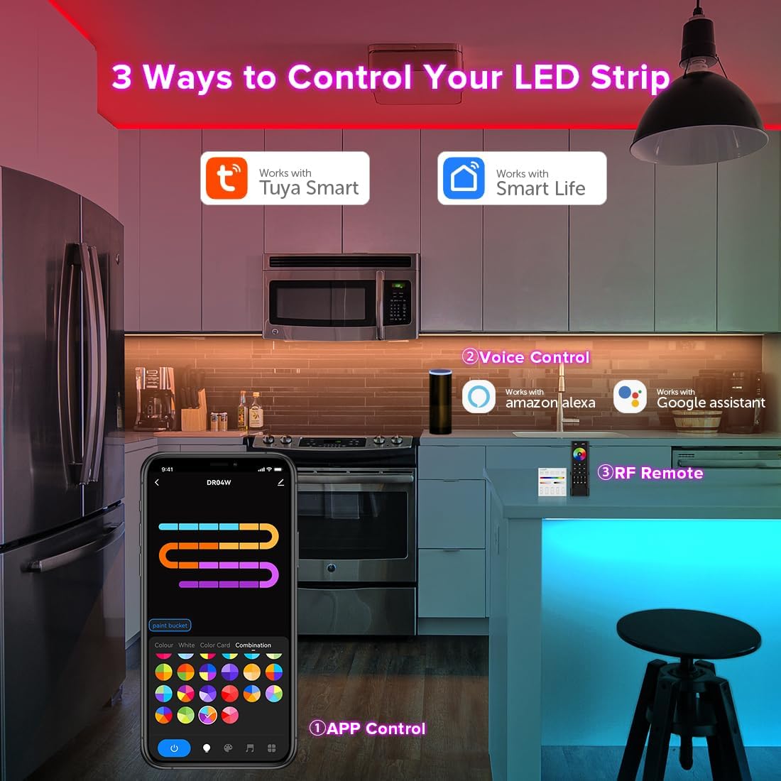 2.4G WiFi SPI RGBW LED Controller DR04W, Smart Life/Tuya App, Alexa & Google Home Compatible, Works with SK6812, WS2814, Addressable RGBW Strips RC03RFB RF Remote for Wireless Control