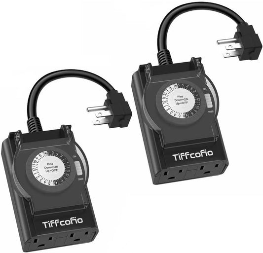 Outdoor Timer Outlet Waterproof, 24 Hour Mechanical Light Timer Outdoor, 2 Grounded Outlets for Home and Garden, 15A 1/2HP, Heavy Duty, ETL Listed (2 Pack)
