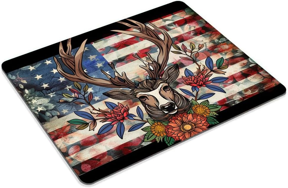 Square Mouse Pad Majestic Deer Wreath and National Flag-3,Gaming Mouse Pads for Desk,Soft Computer Waterproof Non-Slip Mouse Mat