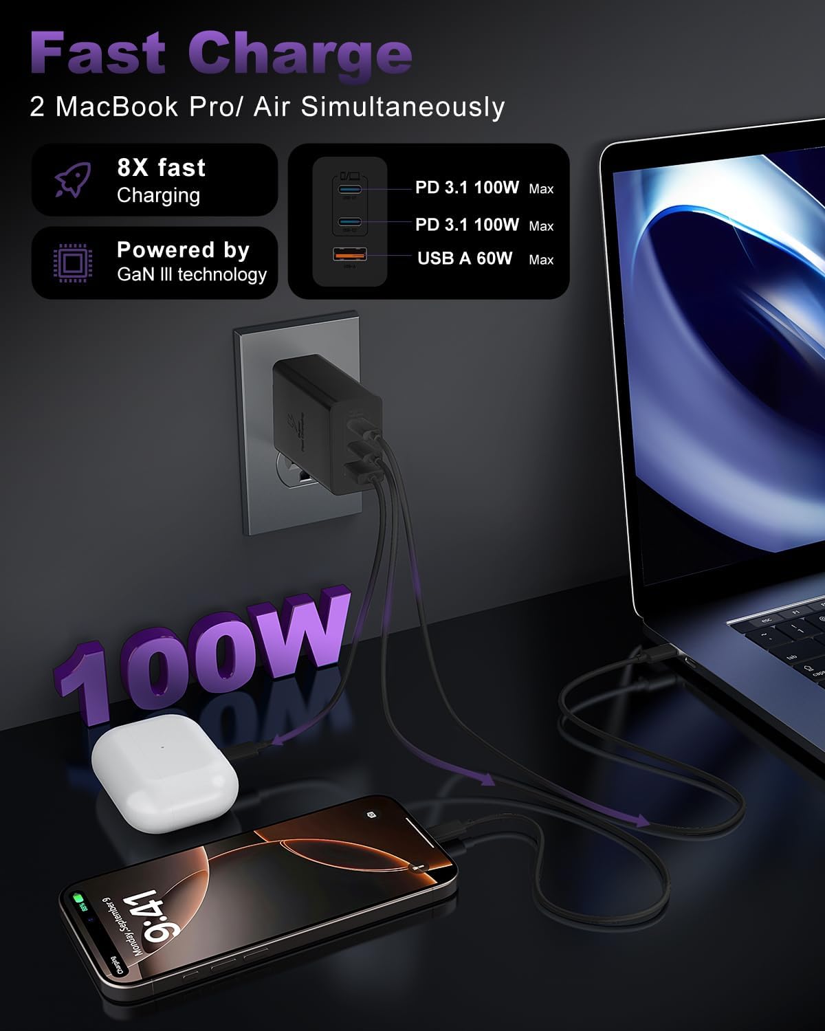 USB C Charger Block 100W, 3-Port GaN Super Fast Charger, Type C Wall Charger Adapter with 10ft USB C Charging Cable for MacBook Pro/Air,iPad Pro, iPhone 16/15Pro, Galaxy S24/S23 and More[2 Pack]-Black