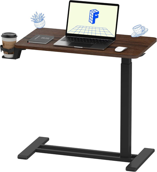 FLEXISPOT H7 Adjustable Overbed Bedside Table with Wheels Pneumatic Mobile Standing Desk Laptop Desk Rolling Computer Cart Movable Table Hospital Home Use(27.6" W x 15.7" D, Mahogany Table)