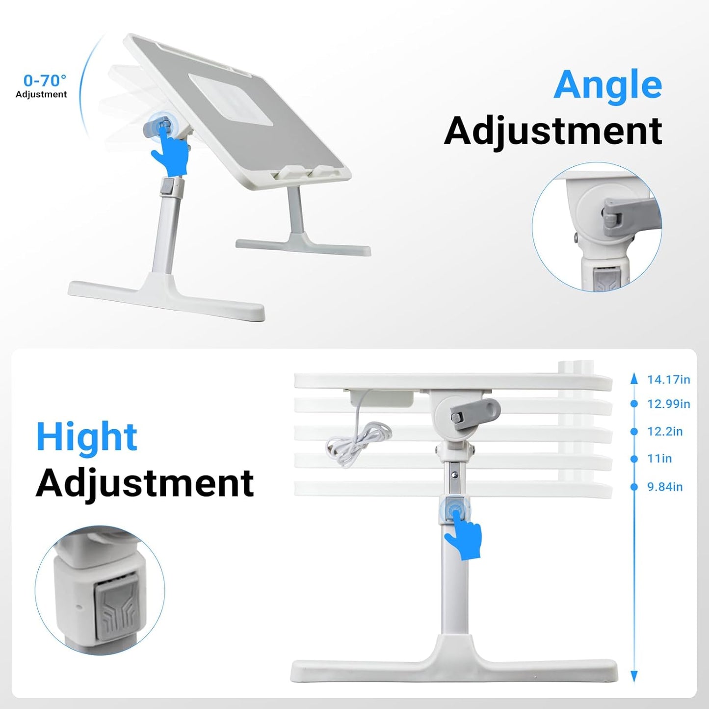 Laptop Lap Desk with Cooling Fan - Adjustable with Light, USB, Storage Drawer - Folding Bed Desk,22.04"*12.59",Grey