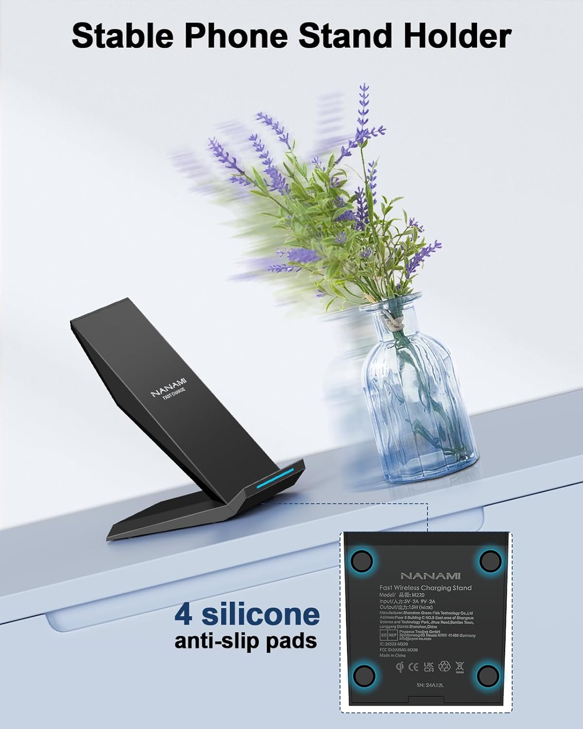 Fast Wireless Charger, NANAMI 15W Qi Certified Wireless Charging Stand Compatible iPhone 16/15/15 Pro/15 Plus/15 Pro Max/14/14 Pro/13/12, for Samsung Galaxy S25/S24/S23/S22/S21 and Qi-Enabled Phone