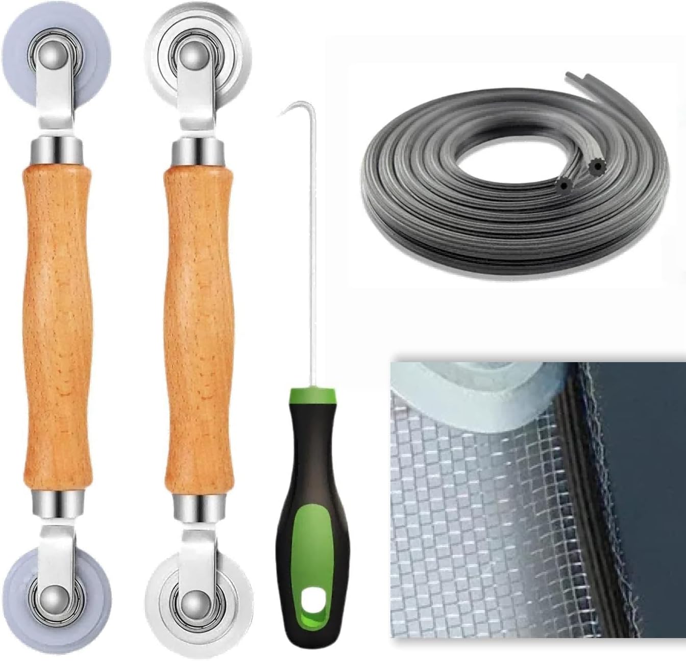 Screen Repair Tool Kit – Includes 2 Types of Screen Roller Tools, 32ft Screen Retainer Spline, and Spline Removal Hook – 4-in-1 Window & Door Mesh Installation Set