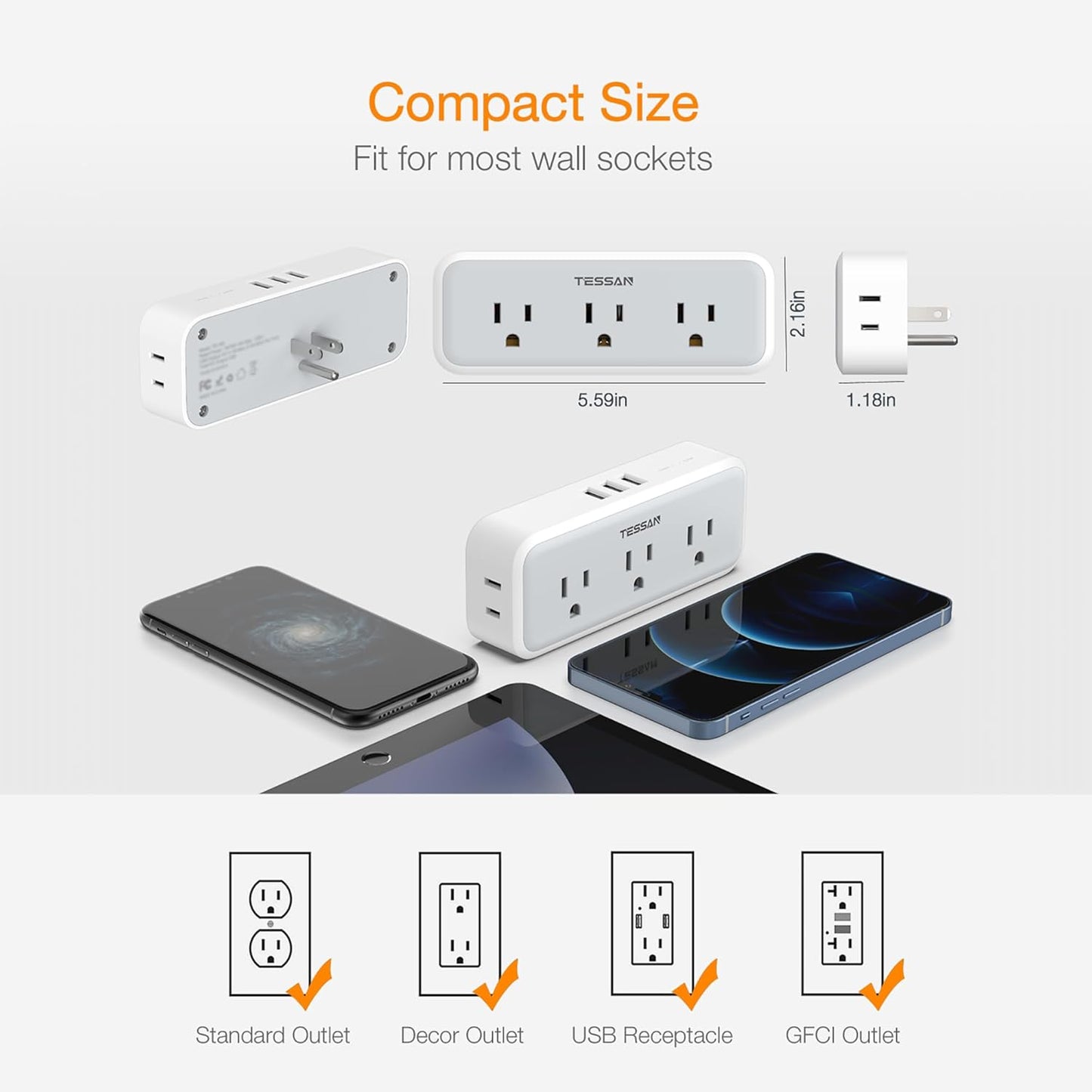Multi Plug Outlet Splitter, TESSAN Wall Surge Protector 5 Outlet Extender 3 USB Charger Adapter, 3 Way Multiple Power Electrical Plug Expander