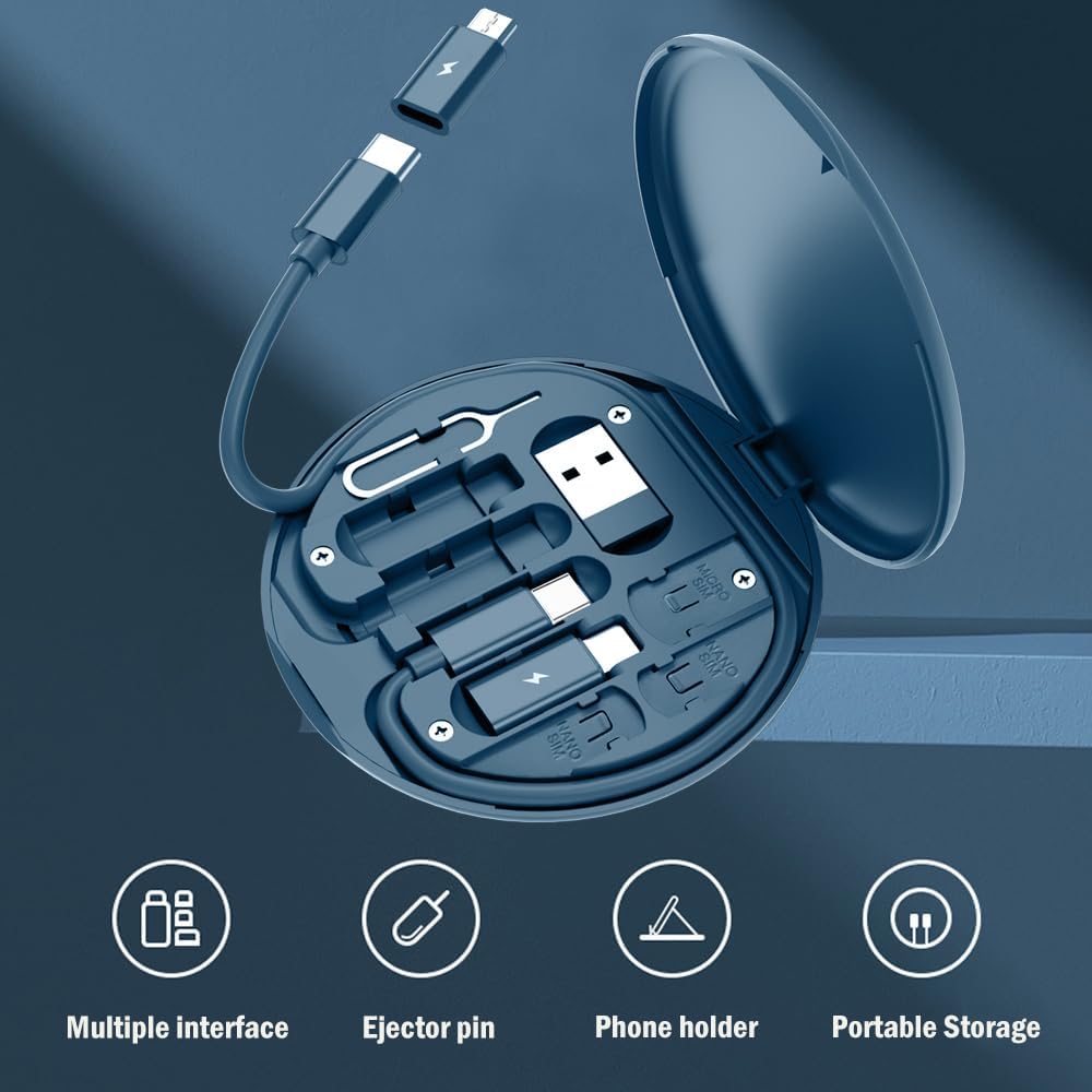 USB C Adapter OTG Kit, Multi Charging Cable Case Convertor USB C to iOS Device Type C Micro Adapter Data Transfer Contains Card Slot for Traveling, Use as Phone Holder(Midnight Blue)