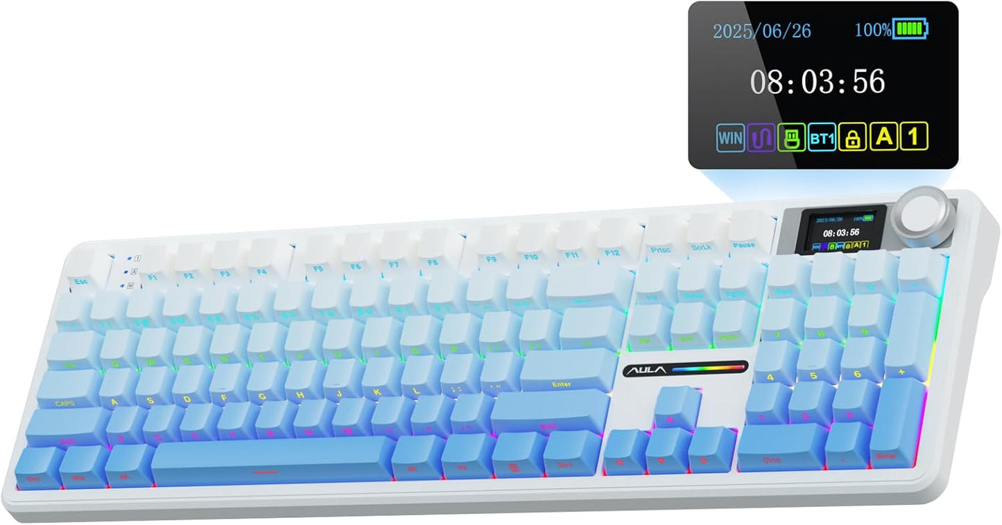 AULA F108 PRO - Wireless Mechanical Keyboard with Screen&Knob,Hot Swappable Gaming Keyboard with 8000mAh Battery,Pre-lubed Switches,RGB Backlit,PBT Keycaps Creamy Sounding Computer Keyboards,104 Keys