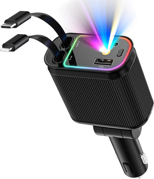 Car Charger with Starlight, 66W USB C Fast Car Charger Adapter, 4 in 1 Retractable Car Chargers with 2 USB Ports for iPhone 15/14/13/12/11 and for Android (Dark Black)