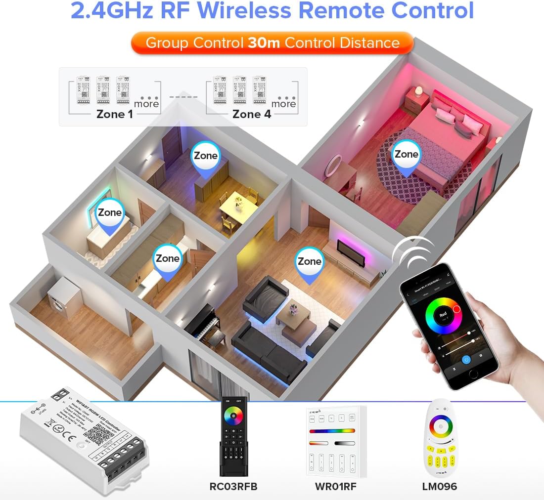 BTF-LIGHTING C04W RGBW PWM SMD FCOB (+ R G B W) 5PIN LED Strip 2.4GHz Tuya WiFi Group Controller Alexa Google Home Smartphone APP Control Compatible with WR01RF RC03RFB RC04RFB RC05RFB Remote