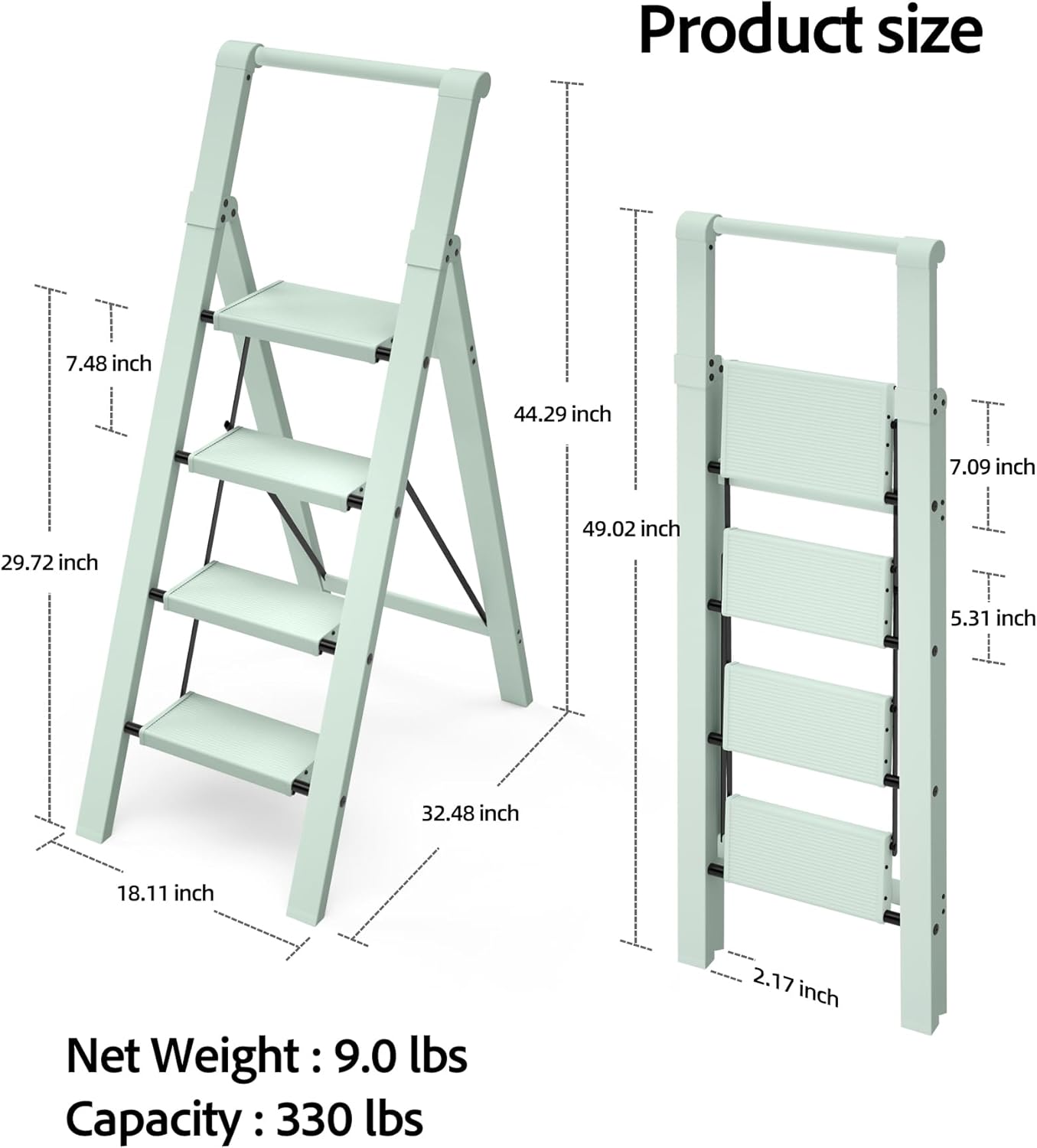 Taranta 4 Step Ladder, Lightweight Aluminum Step Stool with Convenient Handgrip, Folding Ladder with Anti-Slip Pedals, 330lbs Capacity Stepladder for Home, Office, Kitchen - Fairyland Green