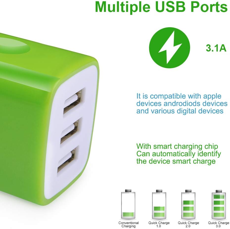 Wall Charger Adapter,USB Cubes,Sicodo 3Pack Universal Travel 3.1A 3 Muti Port Plug Charging Block Compatible with iPhone 16 15 14 13 12 SE 11 X,8,Plus,Samsung Galaxy S24,S23,S22,S21,S20,S10 Ultra,LG