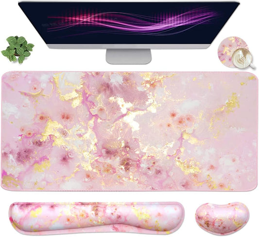 Large Mouse Pad and Keyboard Wrist Rest, Desk Pad for Keyboard and Mouse, 4-in-1 Large Gaming Mouse Pad with Wrist Support, Non-Slip Desk Mat for Home Office Study Game-Pink Gold Marble